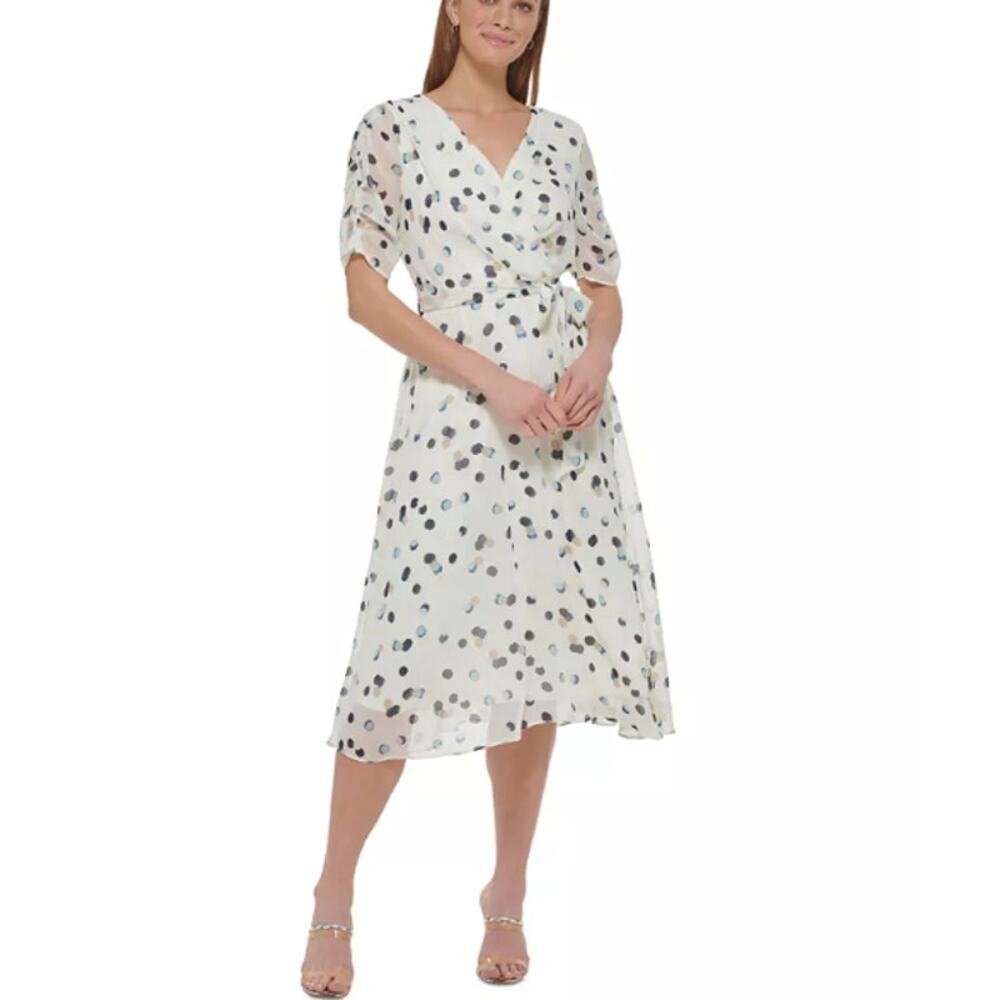 DKNY Women's White Polka Dot Ruched Sleeve Faux Wrap Midi Dress Size 2